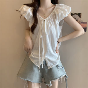 Mint Manches Green V-Neck Chiffon Short-Sleeve Shirt for Women Plus Size BBQ Moleskin Doll Top Loose Fit K-style Work Clothing