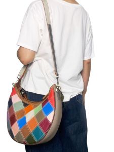 BeeGreen Women Colorful Genuine Leather Shoulder Bag Fashion Crescent Bag Plaid Underarm Bag Versatile Sling Bag