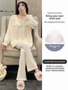 Pure Cotton Sleepwear with Chest Pad Womens Long Sleeve Square Collar Sweet Apricot Home Clothes Spring Autumn New Style