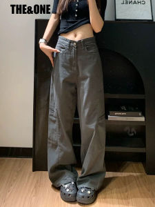 Retro Grey Straight Leg Workwear Pants Womens High Waist Slimming Loose Design American Style Straight Leg Jeans Autumn New Arrival