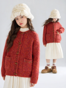 MUCMUKN | Festive Retro Wool Looped Yarn Horn Buttoned Girls Cardigan