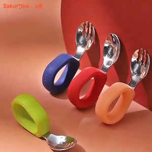 SAKUMINI Colorful Set Sendok Garpu Training Anak Bayi Gagang Bundar Stainless Steel Tahan Karat
