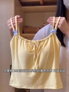 Dahong X526 ครอปสายเดี่ยว เสื้อสายเดี่ยวไหมพรม เชือกรูดอก แต่งโบว์ เข้ารูป  มีฟองน้ำ ทรงสวย