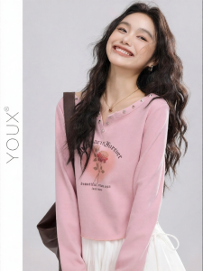 YOUXIANG | Áo Thun Nữ Dài Tay Ôm Body In Hoa Hồng