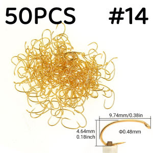 ICERIO 50PCS Barbless Gold-Plated Fly Fishing Hook Ultra-Bright Finish Curved Sharp Hook for Trout BassSalmon Fishing