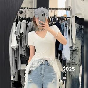 BINKAFENNY | Pure Desire Spicy Girl Lace Patchwork V-neck Short Sleeve T-shirt Women Summer Slim Irregular Hem Short Style Body Shirt