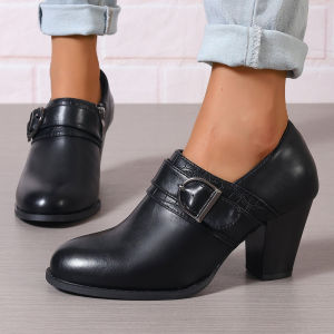 IELGY 2024 Plus Size Womens Fall Winter Leather Shoes Fashion Shiny Leather Black Metal Buckle Design