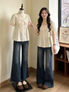 Áo Thun Cổ U Tay Ngắn Mùa Hè cho Phụ Nữ Size Lớn Kiểu Dáng Phồng Thiết Kế Pháp