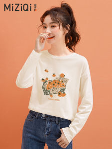 Mizu Flag Pure Cotton Long Sleeve Womens T-shirt Spring Autumn Loose Fit Fashionable Frock with Slit Korean Style Commute