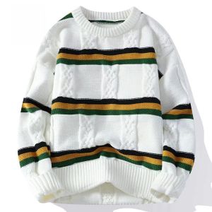 ROMON | Loose Fit Round Neck Knitted Sweater Thickened Casual Style Winter Youth Fashion Warm Striped Mens Knitwear By Romon