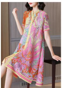 NOVA quality⭐One person one pleat ⭐Summer dress fashion short-sleeved Miyake pleated printed dress new style slimming large size stand collar skirt women