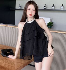 Sweet and Spicy Girl Digging Shoulder Hanging Neck Chiffon Camisole Womens Summer Loose Elegant Ruffle Short Tops Outerwear