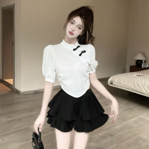 New Chinese Style Womens Bubble Short Sleeve Shirt Cotton Work Uniform Traditional Embroidered Button Foot Massage Top