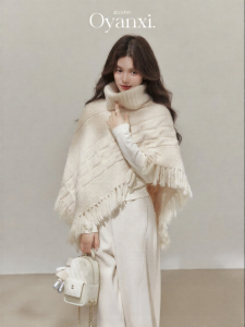 OUYANGXI | Áo Len Poncho Dáng Rộng Cổ Cao Bất Đối Xứng Thu/Đông