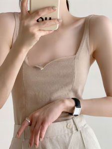 Áo Len Dệt Kim Không Tay Cổ Vuông Màu Xanh Lá Cây Pháp Mỏng Thanh Lịch Mùa Hè Áo Ba Lỗ Nữ Áo Ba Lỗ Không Tay Cổ Vuông Áo Ba Lỗ