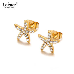 Lokaer Shiny Starfish Multiple Rhinestone Inlaid Stainless Steel Earrings Waterproof Summer Ocean Beach Jewelry Accessory E25043