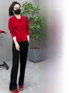 Red Sweater And Set Beautiful New Year Womens Fashion Early Autumn Complete Salt Series Matching Korean Style round Neck High Waist H Version
