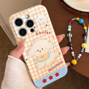 Korean 3D Cartoon Puppy Grid Pattern Soft Phone Case For iPhone 16 13 14 15 12 11 Pro Max XS XR X With Lanyard Shockproof Cover