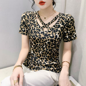 Yimei áo in da báo cổ chữ V Áo Thun Nữ 2023 tay ngắn đính cườm Áo Thun Nữ hoài cổ thời trang ôm vừa thời trang nữ