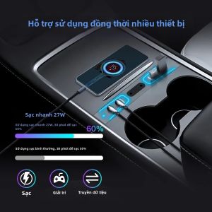 27W Sạc Nhanh USB Hub Cho Mẫu Tesla Model 3 Model Y 2021-2023 Khẩu Độ Thông Minh Đế Cắm Xe Adapter Có Đèn
