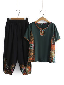 Fashionable Cotton Linen Set for Elderly Women Summer New Style Short Sleeve Top And Pants Floral Pattern round Neck Loose Fit