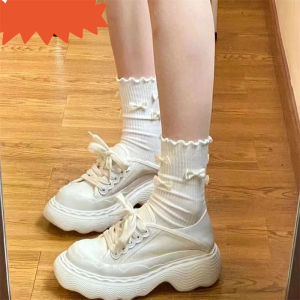 Japanese Cute Bows Wooden Ear Socks for Women Ins Style Sweet Young Adult Tube Socks JK Uniform Lace Socks Women