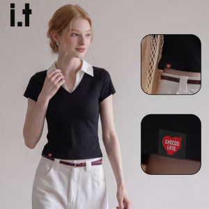 High-Grade Color Block Mock Two-Piece Collar T-Shirt Summer Slimming