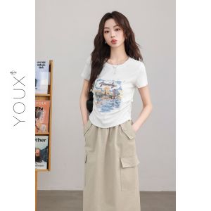 YOUXIANG | Áo Thun Tay Ngắn In Hình Thời Trang Có Nếp Rủ