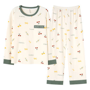 Womens Sleepwear Set with Chest Pad Long Sleeve Long Pants Home Clothes Spring Autumn New Style Comfortable Knitted Cotton Fabric