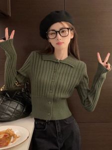 WANGGONGZHU | Womens Knitted Short Waist-Cinching Polo Neck Sweater Base Shirt Slimming Short Outerwear Coat Autumn Winter New Style Fashion