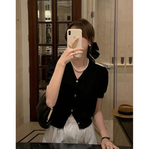French Style Short Sleeve Knitted Thin Cardigan Womens Summer New Small Fragrance Style V-neck Soft White Short Top