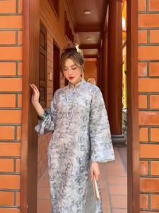 Áo Dài Cách Tân Gấm Châu Sa Áo dài Nhã Gấm 2 Tà Dáng Suông Tay Loe Cổ Truyền Thống 2.5cm