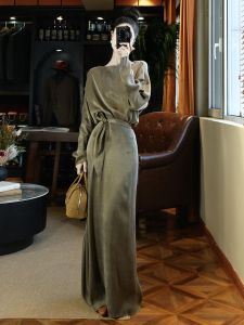 Elegant French Style Green Top Skirt Set Womens High Waist Belted Slimming Autumn New Arrival Luxury Feel Casual Dress