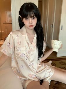 Chiikawa Phong Cách Nhật Bản Mùa Hè Băng Lụa Nữ Tay Ngắn Bộ Đồ Ngủ Nữ Dễ Thương Uzagi Lưới Đỏ Nhà Quần Áo Họa Tiết Hoạt Hình