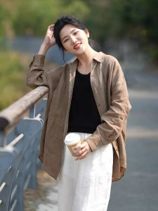 Spring Autumn 2024 Casual Cotton Linen Womens Shirt White Design Sensation Hong Kong Style Outerwear Long Sleeve Loose Fit