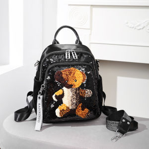 Fashionable Boston Bear Womens Backpack Glitter Trendy Multi-Functional Korean Style Casual Backpack with Zipper Soft Material