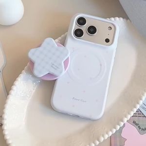 Simple Blue Grid Pattern Stars Magnetic Bracket Phone Case For iPhone 17 16 15 13 14 Pro Max Shockproof Protective Soft Cover