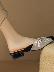 Elegance Vintage Bow Closed Toe Half Slippers Womens New Arrival Muller Shoes Summer Outwear Flat Bottom Lazy Shoes French Style Sandals