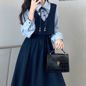 plus Size Womens French College Style Fake Two-Piece Dress Autumn Winter Slimming Versatile Long Shirt Dress Sweet High Waist A-Line Skirt