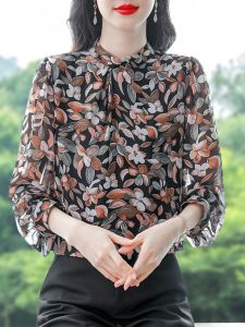 เสื้อเชิ้ตผ้าชีฟองลายดอกไม้สำหรับผู้หญิง แขนยาว สไตล์ฤดูใบไม้ผลิและฤดูใบไม้ร่วง เสื้อเชิ้ตผู้หญิงสุดเก๋ไก๋และสวยงาม