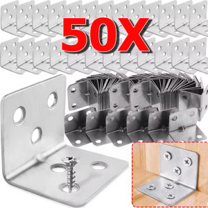 50 ชิ้น ขายึดมุมซ่อนสำหรับงานหนัก / ขายึดชั้นวางแบบ L สแตนเลสสตีลพร้อมรูสกรู 4 รูสำหรับห้องครัว / ขายึดสแตนเลสแบบมุมฉาก 90 องศา