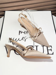 Giày Cao Gót Đế Bằng Satin Màu Nude Cho Nữ Mùa Hè 2025 Giày Cao Gót Mũi Nhọn Có Nơ Thắt Lưng Đơn Khóa Kéo Dài Đến Đầu