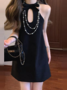 HUAYILING | French Style Black Off Shoulder Hollow Out Sleeveless Womens Summer Mini Skirt Dress High Waist A-Line Sweet Polyester Blend