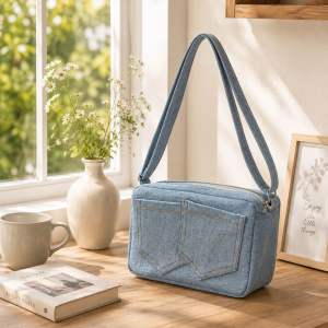 Túi xách nhỏ màu xanh denim với dây đeo vai thiết kế túi trước vải jean phù hợp cho các hoạt động hàng ngày.