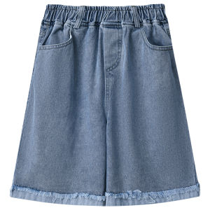 High Waist Elastic Waist Short Jeans Womens Summer Thin Straight Leg Loose Wide Leg Five-Quarter Mid-Pants Blue Denim