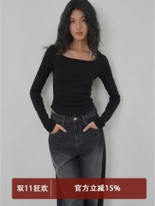 EIGHTHMONTH Womens Slim Fit Short Sleeve T-shirt Casual Style Square Collar Long Sleeve Base Shirt Inner Wear Top Black