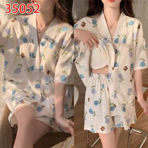 Womens Pajamas with Chest Pad Summer Cotton Short Sleeve Pants Thin Sweet Cardigan Outwear Summer Home Wear