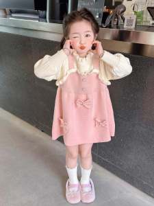 Princess Style Butterfly Knot Sweater Dress for Girls Baby Spring Autumn Fashionable Knitted Dress Medium Length Long Sleeve