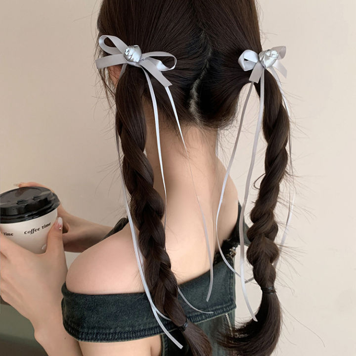ผู้หญิงผม Tie หวานบัลเล่ต์สไตล์เงินดอกไม้ Bow Streamer ผมคลิปหางม้าคู่ Headwear ขนาดเล็กคลิปอุปกรณ์เสริมผม
