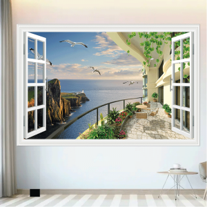 3D Fake Window Artificial Decorative 3D Painting Wallpaper Self-Adhesive Landscape Painting Hotel Background Wall Bedroom Self-Adhesive Sea View Mural